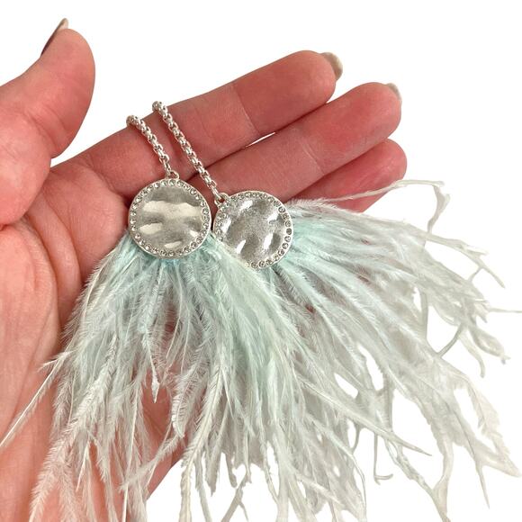 VTG Signed Carol Dauplaise Necklace Silver Tone Light Blue Feathers, Y2K Boho - Picture 3 of 9